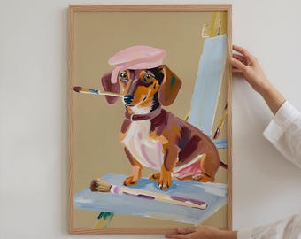 Dachshund Digital Painting Print, Dog Art, Painter Dachshund with Beret Brush, Expressive Oil Style, Gift for Dog Lovers & Art Enthusiasts