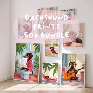 K&ouml;nnte beinhalten: Eine Sammlung von Dackel-Kunstdrucken, die die Hunde in entspannten Szenen zeigen. Die Drucke zeigen Dackel mit Sonnenbrillen, beim Lesen, Gitarre spielen und bei Freizeitaktivit&auml;ten. Der Text auf dem Bild lautet "Dachshund Prints 50+ Bundle."