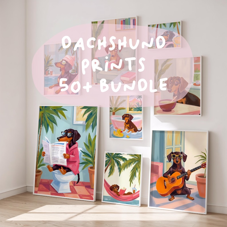 K&ouml;nnte beinhalten: Eine Sammlung von Dackel-Kunstdrucken, die die Hunde in entspannten Szenen zeigen. Die Drucke zeigen Dackel mit Sonnenbrillen, beim Lesen, Gitarre spielen und bei Freizeitaktivit&auml;ten. Der Text auf dem Bild lautet "Dachshund Prints 50+ Bundle."