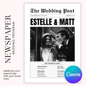 Könnte beinhalten: Ein schwarz-weiß Hochzeitszeitungsprogramm mit dem Titel "The Wedding Post" und den Namen "Estelle & Matt". Das Programm enthält ein Foto eines anstoßenden Paares und listet die Hochzeitsgesellschaft auf. Das Canva-Logo ist sichtbar.