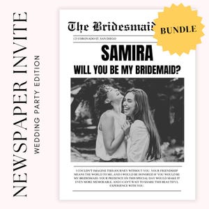 Krant bruidsmeisjes voorstel kaartsjabloon, bewerkbare kaart bruidsmeisje voorstel, krant bruidsmeisjes fotokaart, afdrukbare bruidsmeisje kaart