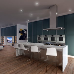 Può includere: Una cucina moderna con piani di lavoro bianchi e sgabelli da bar. La cucina è dotata di elettrodomestici in acciaio inox e una grande cappa aspirante. Le pareti sono dipinte di un blu teal scuro.