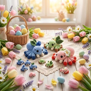 Puede incluir: Una escena primaveral con figuras de pulpos de ganchillo en azul, verde y rosa, decoradas con flores. Una cesta de huevos de Pascua decorados y coloridos tulipanes y margaritas rodean las figuras. La escena est&aacute; ambientada sobre una mesa de madera clara.