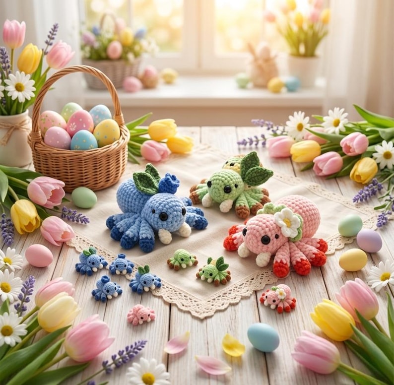 Puede incluir: Una escena primaveral con figuras de pulpos de ganchillo en azul, verde y rosa, decoradas con flores. Una cesta de huevos de Pascua decorados y coloridos tulipanes y margaritas rodean las figuras. La escena est&aacute; ambientada sobre una mesa de madera clara.