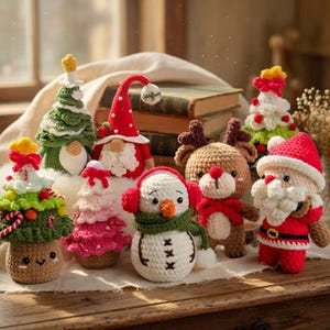 Kerstbundel 7in1 haakpatroon, kerstman, sneeuwpop, boom amigurumi pdf, vakantieknuffels, doe-het-zelfdecoratie kerstcadeau
