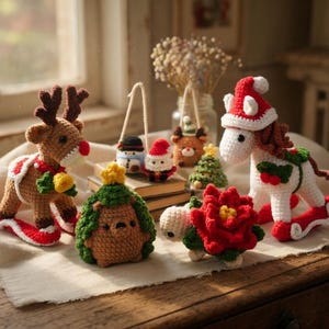 クリスマスあみぐるみ編み図集、車吊り下げオーナメントPDF、ホリデーぬいぐるみ、DIYクリスマスデコレーションギフト