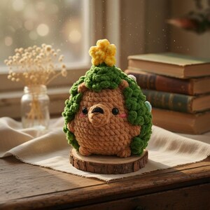 May include: A handmade crochet hedgehog with a green leafy crown and a yellow star on top. The hedgehog is brown with a cute face and sits on a small wooden slice. A charming, whimsical decorative item.