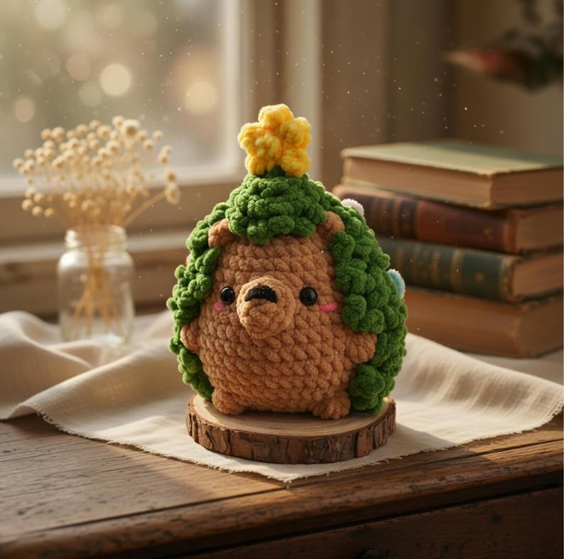 May include: A handmade crochet hedgehog with a green leafy crown and a yellow star on top. The hedgehog is brown with a cute face and sits on a small wooden slice. A charming, whimsical decorative item.