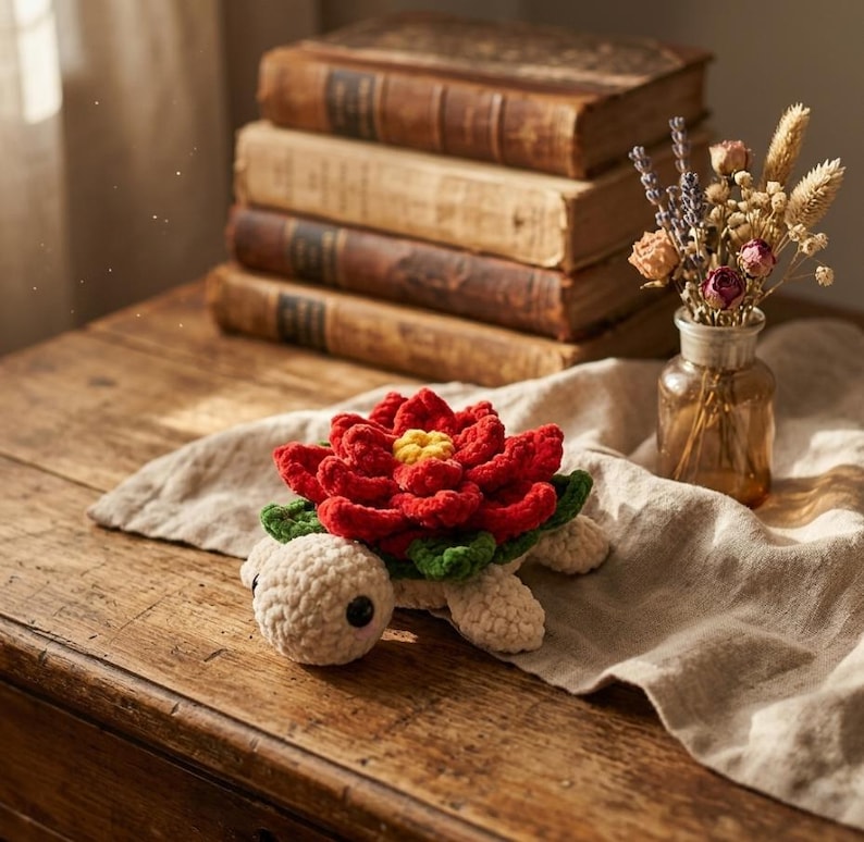 May include: A crocheted turtle figurine with a red flower head, green leaves, and a cream-colored body. The turtle is on a wooden surface with a stack of old books in the background. A small vase of dried flowers is also present.