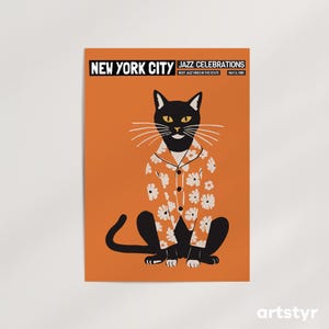 Jazz Celebrations, Nowy Jork · Ponad 20 rozmiarów · 1989 · Plakat ścienny Giclée · Plakat Jazz Cat · Gotowy do oprawienia