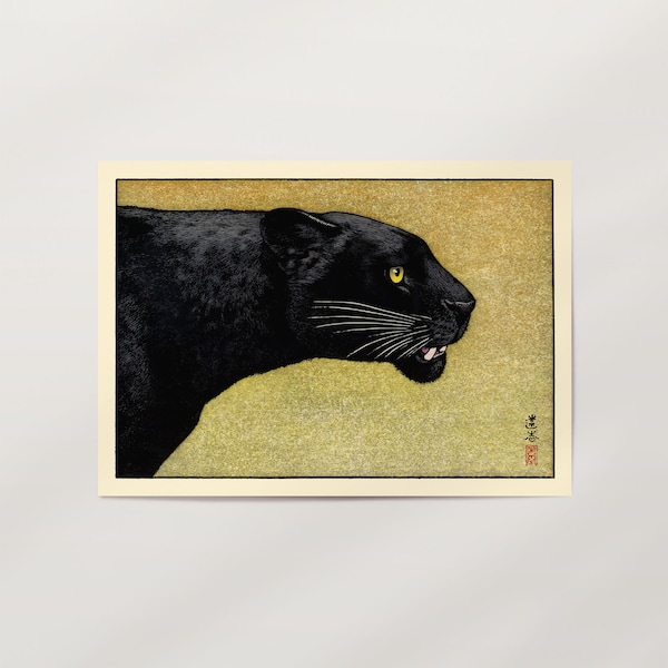 Black Panther von Toshi Yoshida Premium-Wandkunstposter · Rahmenfertiger Giclée-Druck · Vintage japanisches Kunstwerk