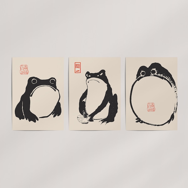 3-Piece Set of Frogs by Matsumoto Hoji (1814) Premium Wall Art Poster Set · Ready to Frame Giclée Print