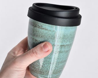 Ceramic Travel Mug with Lid, Turquoise Green Coffee Cup, Handmade Stoneware Travel Cup, Light Blue Pottery To Go Cup