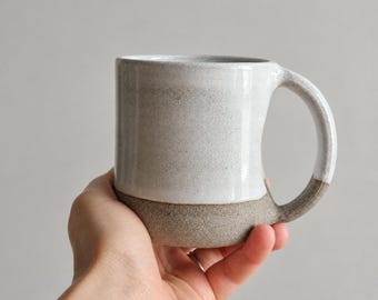 Handmade Stoneware Mug with Thumb Rest – Minimal White Ceramic Coffee Cup