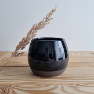 Handmade Black Ceramic Mug: Handleless Stoneware Cup