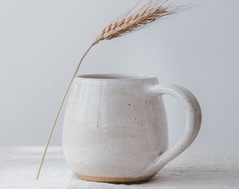 Set of 2 Large Coffee Mug, Beige and White Ceramic Mugs, Handmade Pottery Cup, Speckled Stoneware