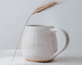 Set of 4 Pottery Mug, Large Coffee Mug Set, White and Beige Speckled Stoneware Coffee Mug, Big Handmade Mug