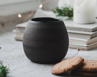 Set of 2 Japanese Tea Cup, Stoneware Mug, Asian Tea Cup, Dark Grey and Black Matte Mug Without Handle, Black Tea Bowl