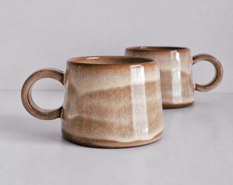 Handmade Stoneware Coffee Mug, Cozy Pottery Tea Cup, Beige and Brow Mug, Boho Mug, Cozy Neutral Creamy Mugs, Round Handle, Coffee Lover Gift
