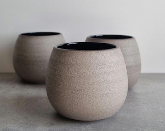 Set of 2 Ceramic Mug No Handle, Gray and Black Coffee Mug, Handleless Pottery Mug, Matte Gray Mug, Pottery, Coffee Mug Set, Gift for Couple