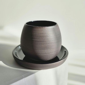 Handmade Black Stoneware Mug and Saucer Set: Minimalist Japanese Tea Cup