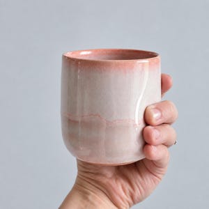Könnte beinhalten: Ein Keramikbecher mit glatter, zylindrischer Form und glänzender Oberfläche. Der Becher weist einen Farbverlauf auf, der von einem zarten Blassrosa an der Basis zu einem tieferen, korallenfarbenen Rand übergeht, mit feinen horizontalen Texturlinien.