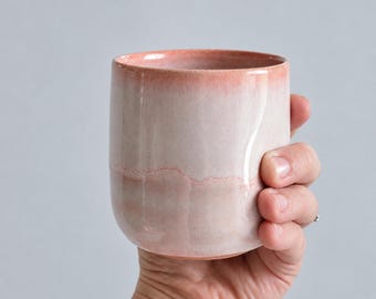 Handmade Pink Finger Imprint Ceramic Cup, Cute Handleless Coffee & Tea Tumbler
