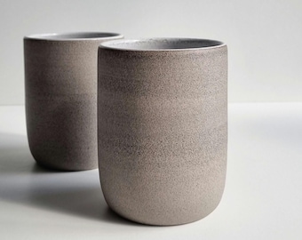 Handmade Ceramic Handleless Mug 13oz, Stoneware Scandi Mug No Handle 400ml, Grey and White Pottery Cup Without Handle, Hygge, Christmas Gift