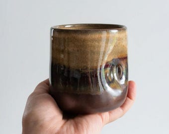 Handmade Brown and Beige Thumb Imprint Ceramic Cup - Handleless Coffee Mug in Earth Tones