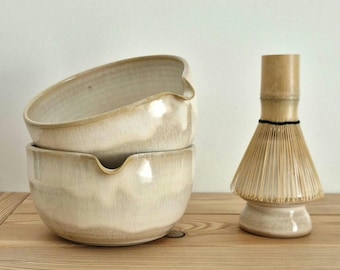 Beige Matcha Bowl with Spout Set, Cream Chawan Whisk Holder Set, Ceramic Matcha Mug Handmade 10oz, Matcha Lover Gift, No Extra Fees for US