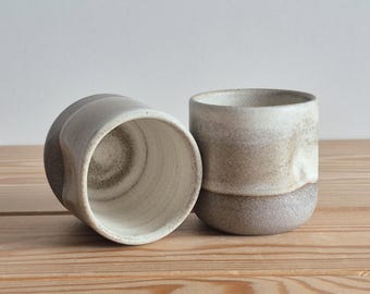 Handmade Espresso Cup with Finger Imprint - Stoneware Beige and Grey Matte 3 oz Cup