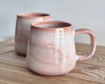 Stoneware Coffee Mug, Blush Pink Mug, Handmade Ceramic Mug 12oz, Marbled Glaze Mug, Large Tea Cup, Ombre Pink Pottery, Cozy Handcrafted Gift