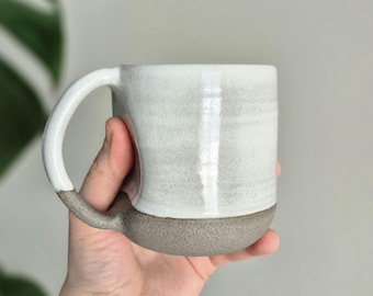 Handmade Stoneware Mug with Thumb Imprint, White and Grey Ceramic Coffee Cup with Thumb Rest, Fingers Imprint Cup, Comfortable Handle Mug