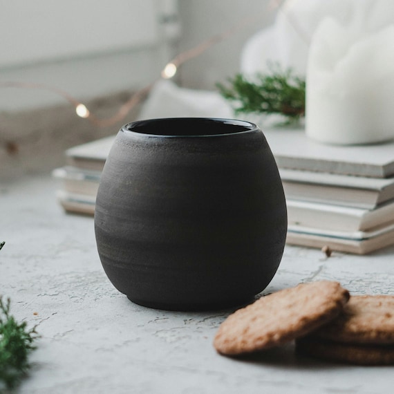 Handmade Black Coffee Mug, Matte Stoneware Japanese Tea Cup, No Extra Fees for US