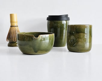 Matcha Set with Cup, Green Handmade Matcha Bowl with Spout and Whisk Holder Set,  Matcha Lover Gift