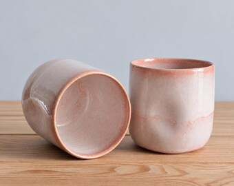 Handmade Pink Finger Imprint Pottery Cup, Cute Handleless Coffee & Tea Tumbler