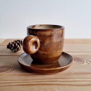 Handmade Rustic Espresso Cup and Saucer Set: Brown Stoneware Pottery