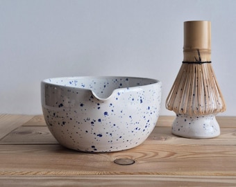Handmade Matcha Bowl with Spout Set, Matcha Bowl and Whisk Holder Set, Spouted Chawan with Chasen Holder, White and Blue Speckled Tea Cup