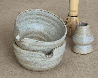 Handmade Matcha Bowl with Spout Set, White Matte Chawan Whisk Holder Kit, Ceramic Neutral Earthy Beige, Matcha Ritual Kit, Matcha Lover Gift
