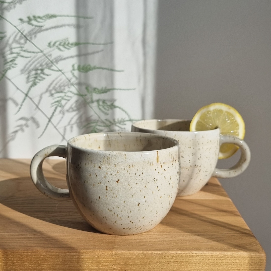Coffee Mug Tea Handmade Ceramic Pottery Cup Gift 9 Oz Cappuccino Latte  Speckled Clay Stoneware White Minimalist Simple Modern Design Droplet 