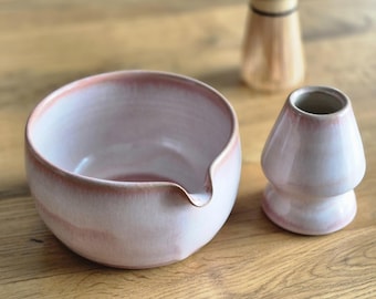 Pink Handmade Matcha Bowl with Spout Set, Matcha Bowl and Whisk Holder Set, Spouted Chawan with Chasen Holder, Matcha Lover Gift Christmas