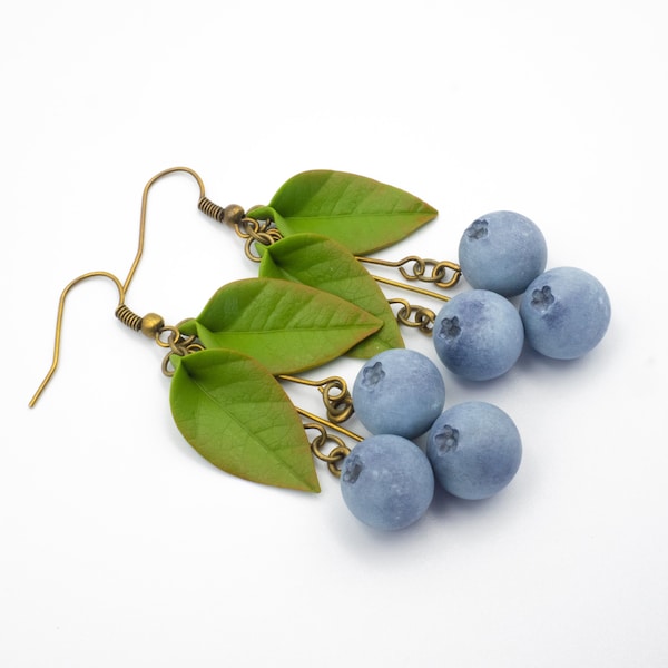 Polymer clay earrings with blueberries - Goblincore - Fruit earrings - Fairycore - Funky earrings - Surgical steel earrings