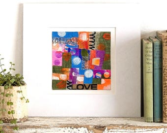 Collage Abstract Wall Art: 10"x10" Colourful Original Artwork, Unique Boho Decor.