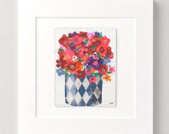 Original Collage Flowers Painting: Colourful Floral Art, 8"x8" Ready to Frame.