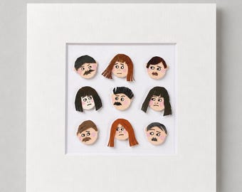 Collage Gesichter Kunstwerk: Original, schrulliges Wandbild, 13x12cm handgemachtes Dekor.