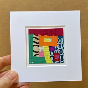 Small colourful collage abstract art, tiny original modern wall art, handmade artwork gift for boho interior, miniature contemporary decor.