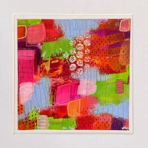 Small mixed media abstract painting, colourful contemporary wall art, bright colours acrylic artwork, original boho decor, art lover gift.