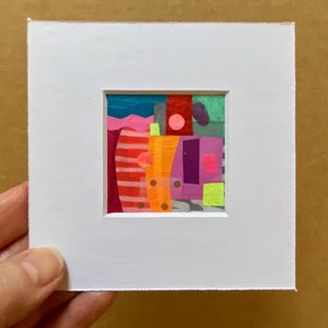 Tiny collage abstract art, colourful miniature painting, contemporary mini artwork, handmade artsy gift idea, small contemporary wall art.