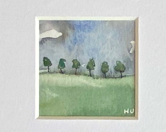 Miniature watercolour landscape, tiny original wall art, unique and affordable gift idea, small handmade art gift, original landscape art.