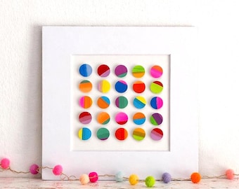 Opera d'arte astratta con cerchi colorati, 15x15 cm, originale, da appendere al muro, ideale per l'arredamento in stile boho.